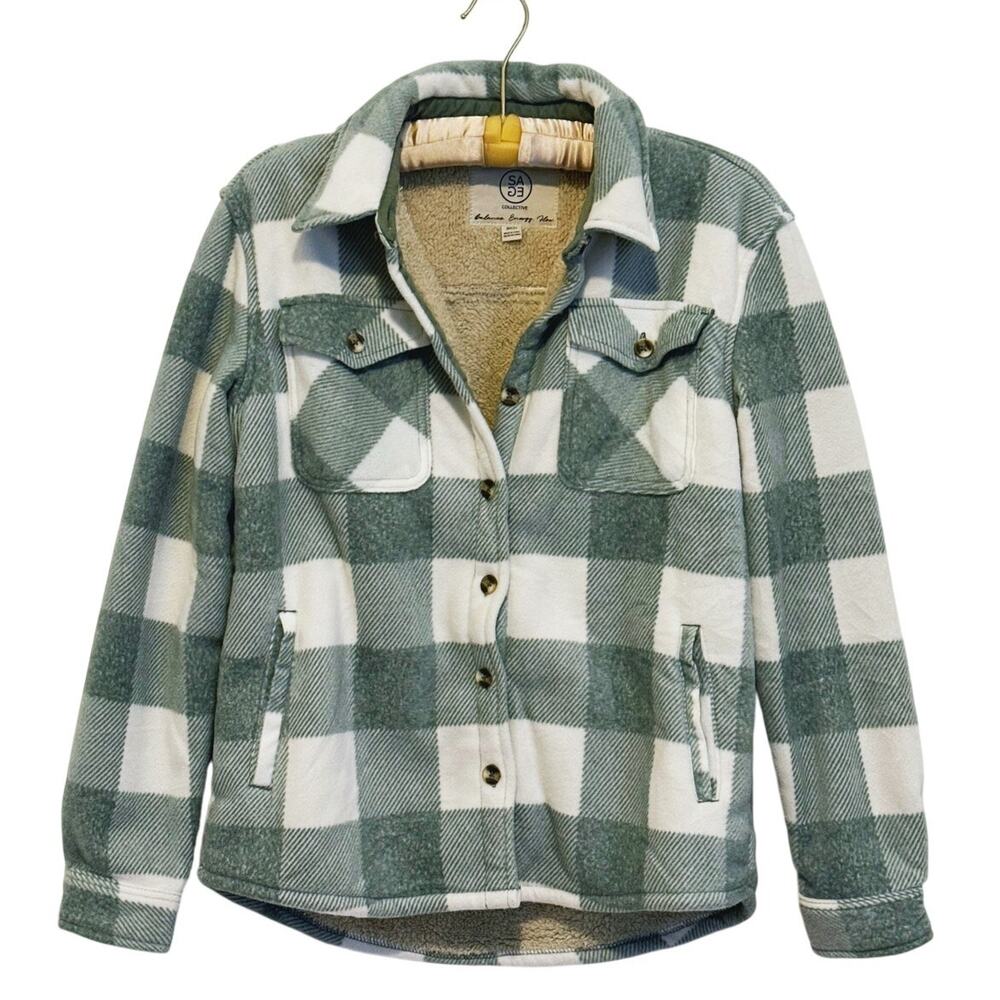 Sage Collective Fleece Lined Plaid Shacket Button Up Womens Small Teal Cozy